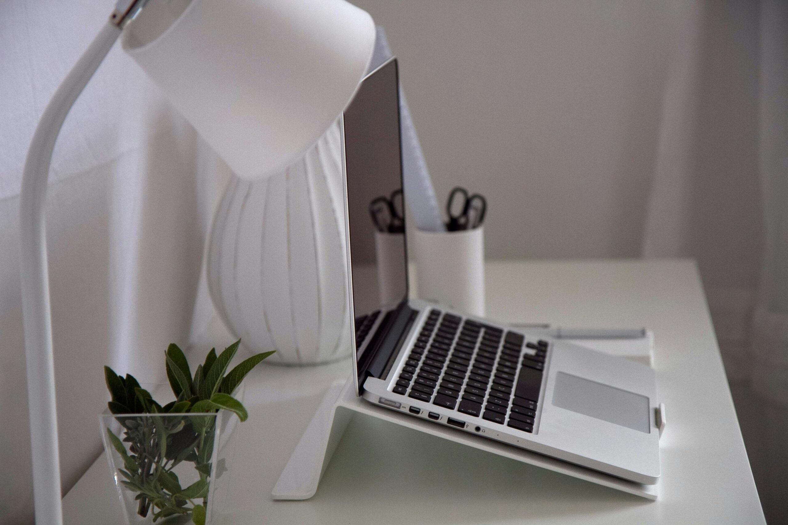 Home office desk arranged neatly for a virtual job interview