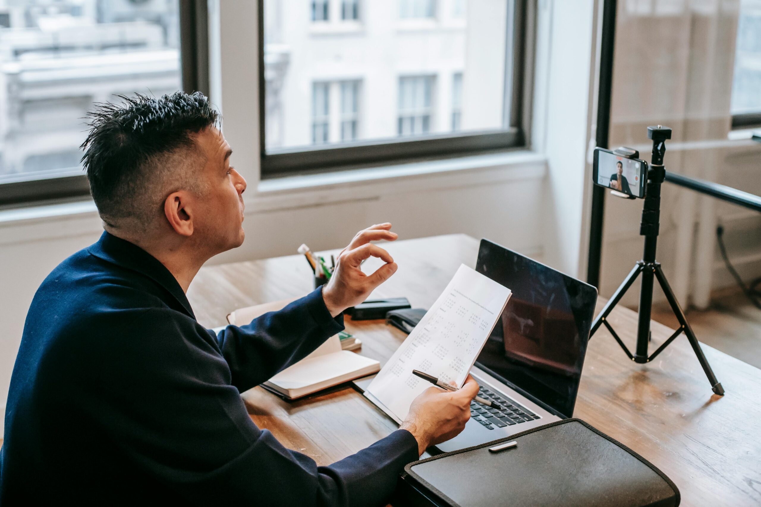 Professional video call setup with webcam and good lighting
