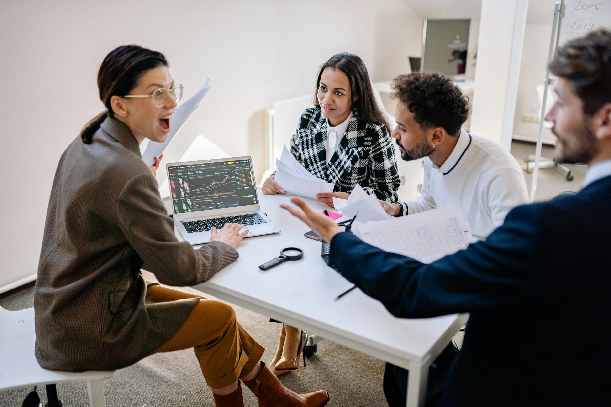 Team discussion during a group exercise at a job interview