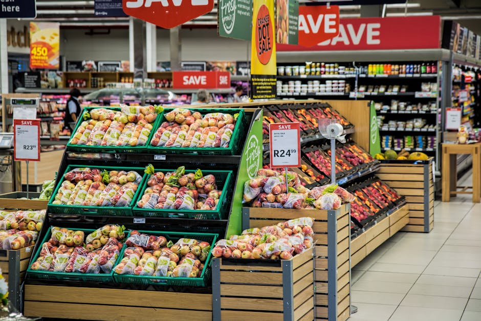 UK supermarket aisle with shopping trolley