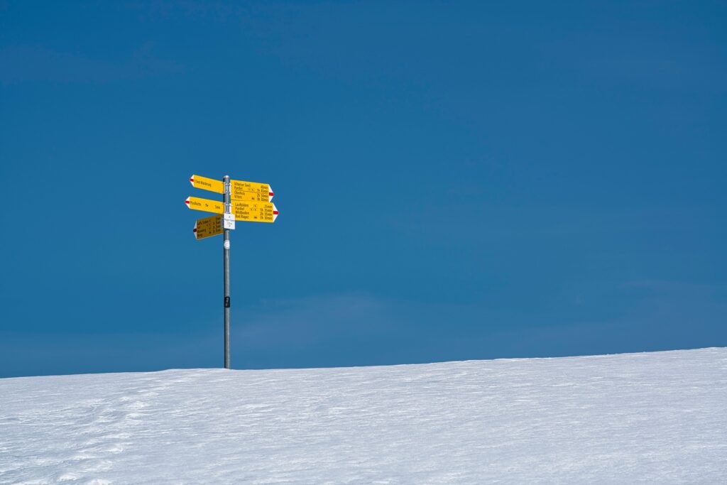 A signpost pointing in different directions, illustrating the choice between university and an apprenticeship