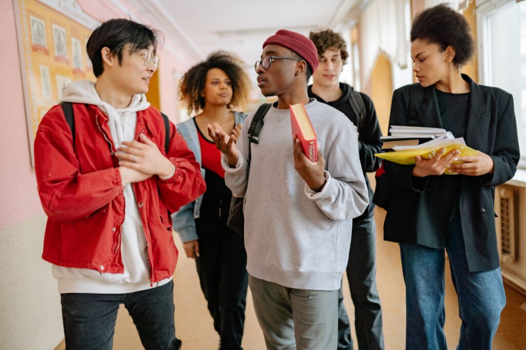 Students in a college corridor on results day