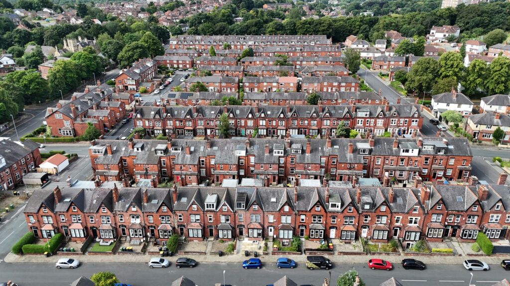 Aerial view of red brick terraced houses in Headingley, a student rental area of Leeds