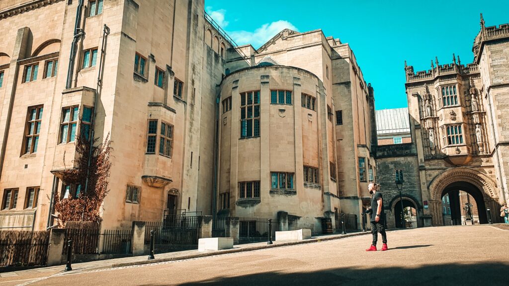 Historic university buildings and gatehouse near Bristol city centre