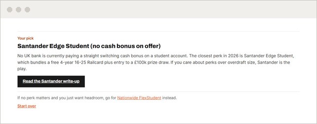 Screenshot of the UniSorted student bank account picker recommendation